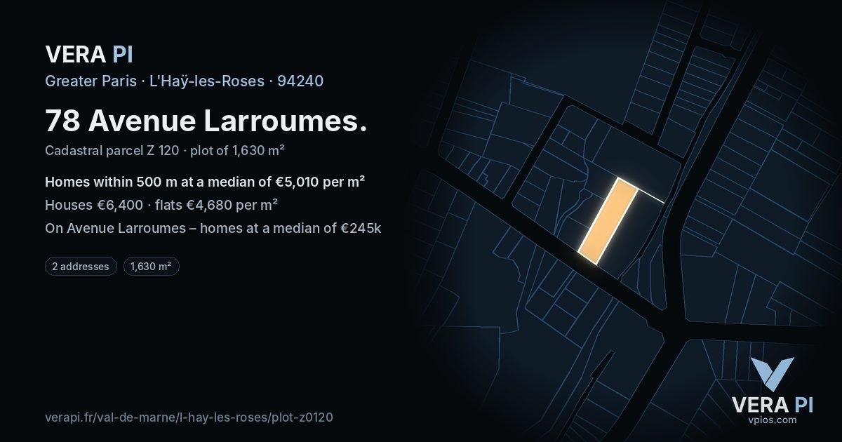 78 Avenue Larroumes, L'Haÿ-les-Roses at night – the plot lit, the parcels around coloured by the prices near them