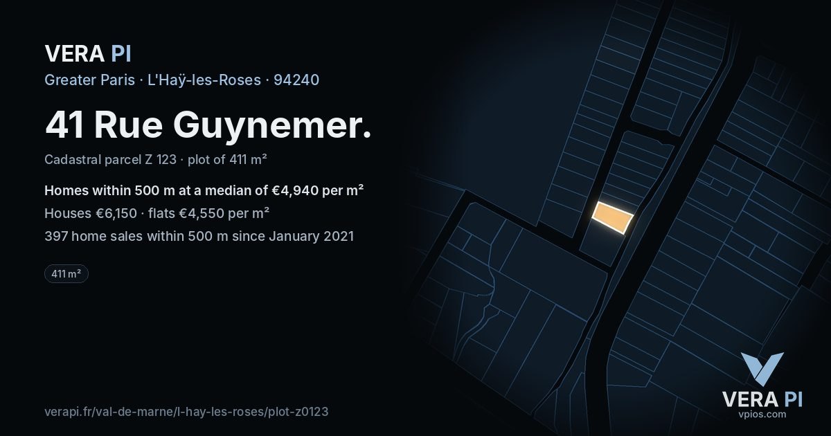41 Rue Guynemer, L'Haÿ-les-Roses at night – the plot lit, the parcels around coloured by the prices near them