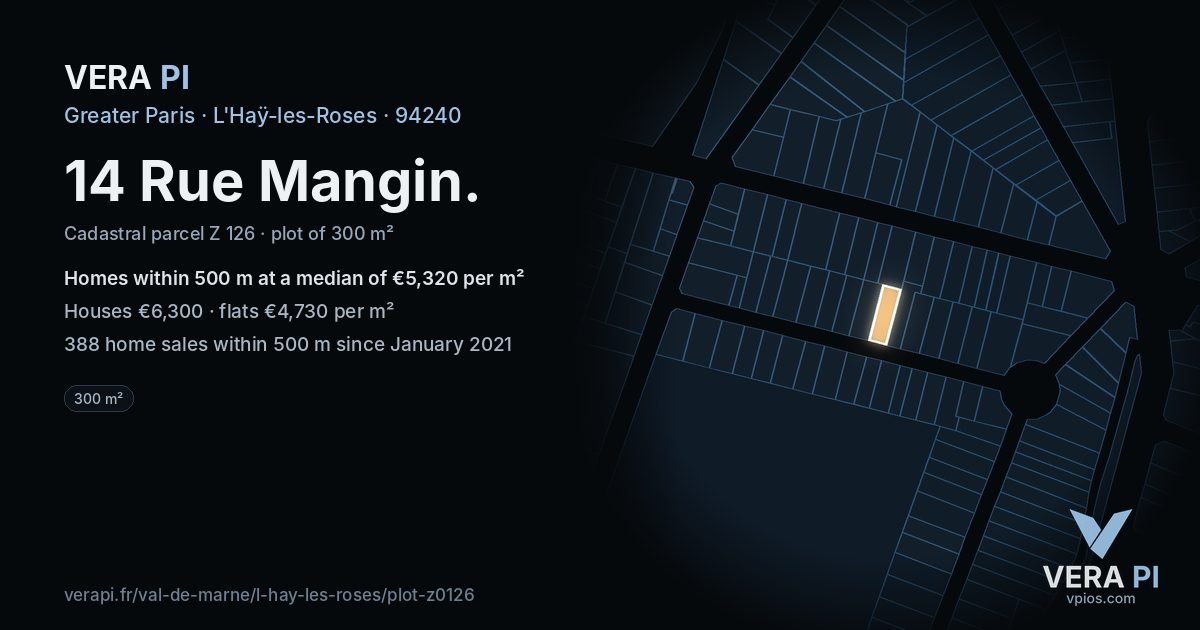 14 Rue Mangin, L'Haÿ-les-Roses at night – the plot lit, the parcels around coloured by the prices near them