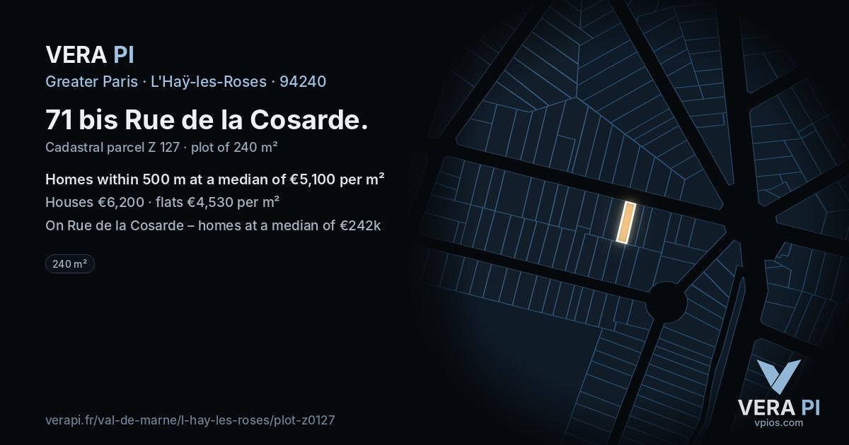 71 bis Rue de la Cosarde, L'Haÿ-les-Roses at night – the plot lit, the parcels around coloured by the prices near them