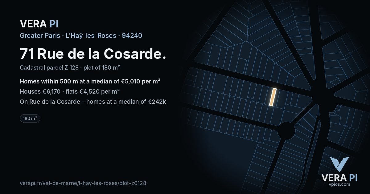 71 Rue de la Cosarde, L'Haÿ-les-Roses at night – the plot lit, the parcels around coloured by the prices near them