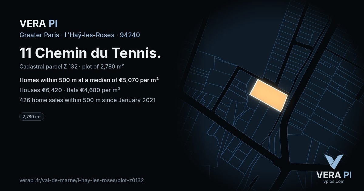 11 Chemin du Tennis, L'Haÿ-les-Roses at night – the plot lit, the parcels around coloured by the prices near them