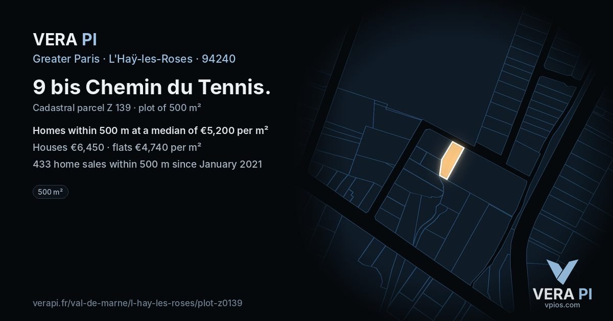 9 bis Chemin du Tennis, L'Haÿ-les-Roses at night – the plot lit, the parcels around coloured by the prices near them