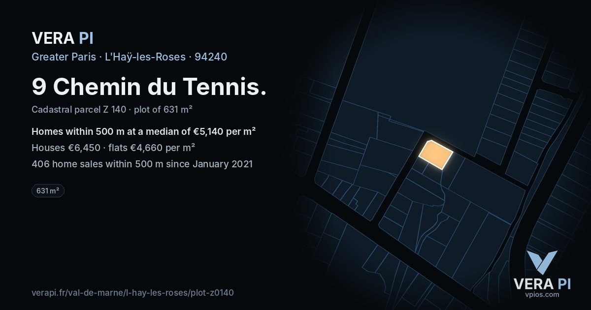 9 Chemin du Tennis, L'Haÿ-les-Roses at night – the plot lit, the parcels around coloured by the prices near them
