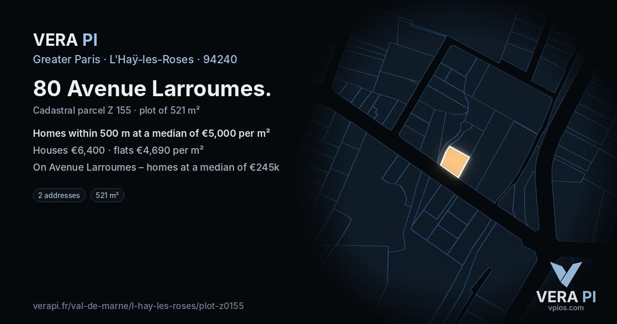 80 Avenue Larroumes, L'Haÿ-les-Roses at night – the plot lit, the parcels around coloured by the prices near them