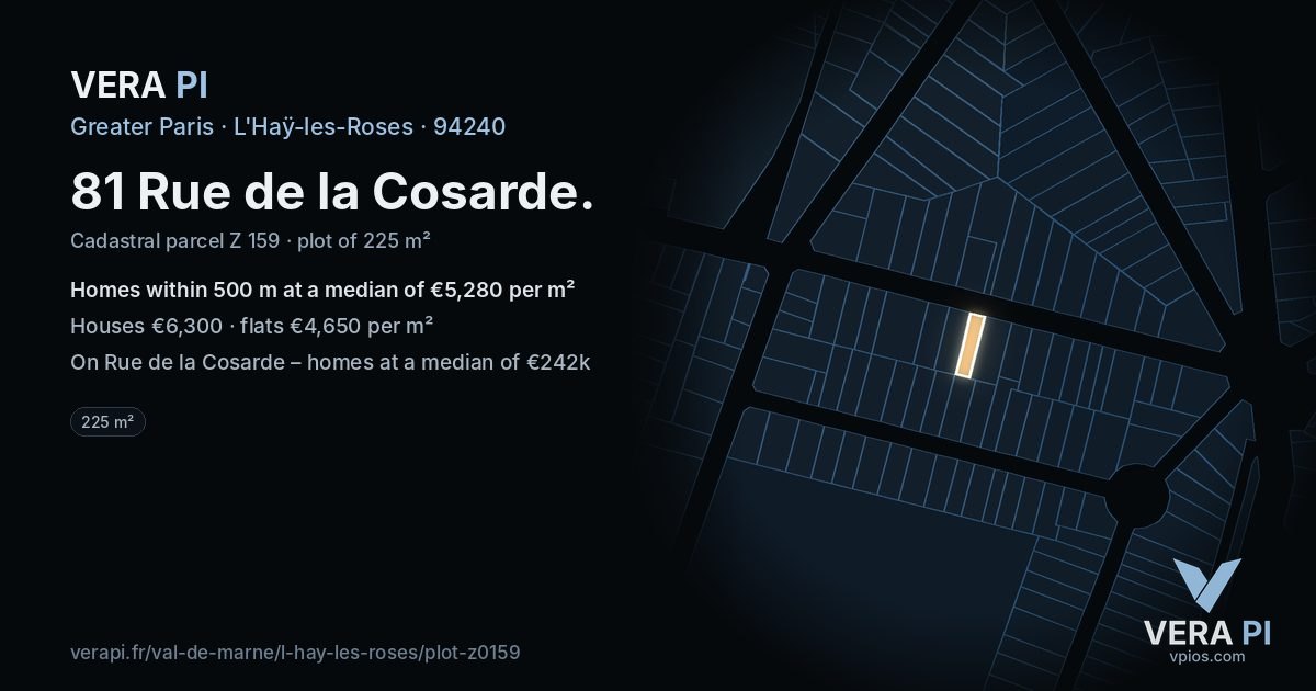 81 Rue de la Cosarde, L'Haÿ-les-Roses at night – the plot lit, the parcels around coloured by the prices near them