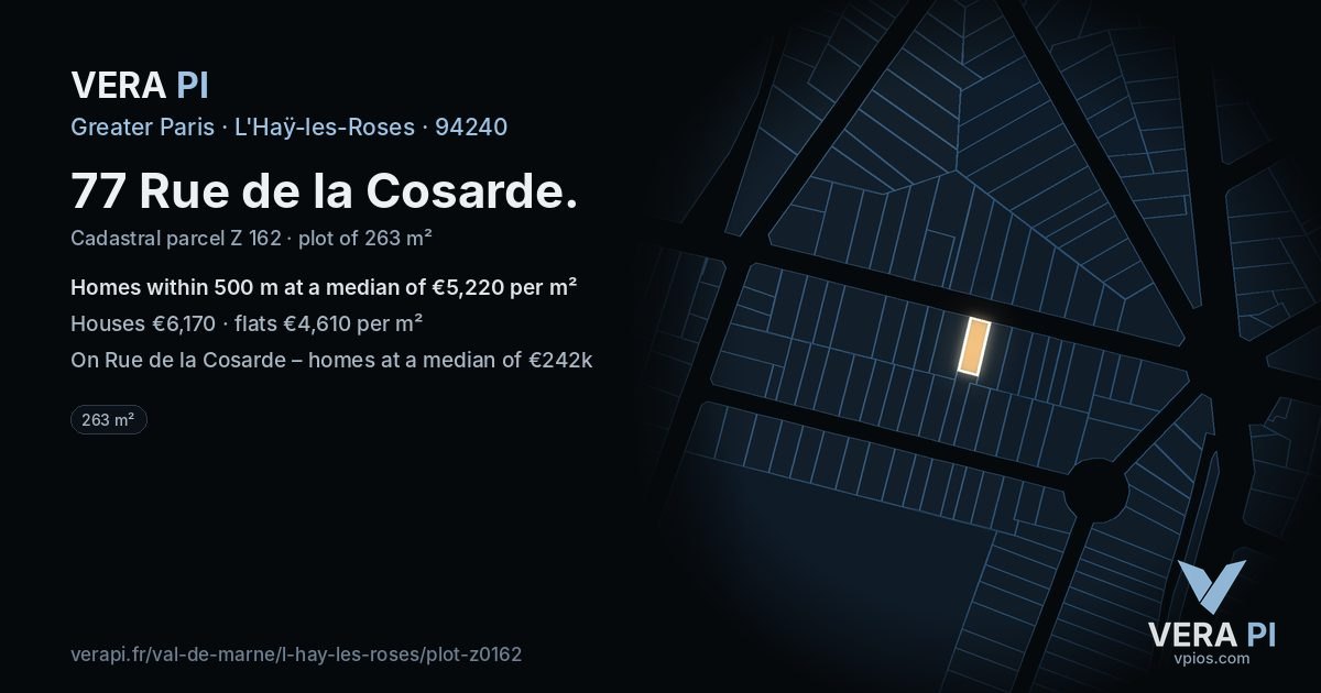 77 Rue de la Cosarde, L'Haÿ-les-Roses at night – the plot lit, the parcels around coloured by the prices near them