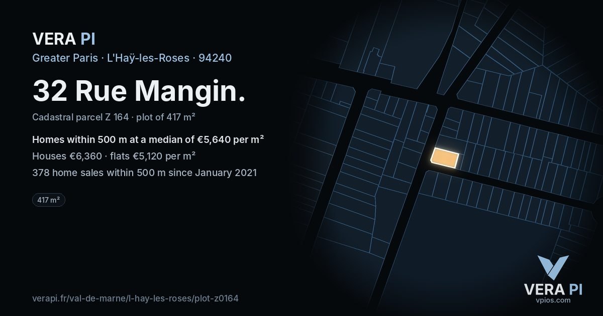 32 Rue Mangin, L'Haÿ-les-Roses at night – the plot lit, the parcels around coloured by the prices near them