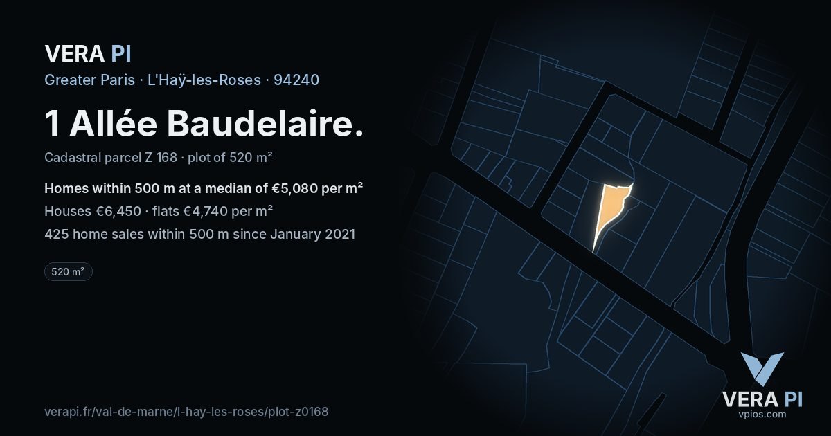 1 Allée Baudelaire, L'Haÿ-les-Roses at night – the plot lit, the parcels around coloured by the prices near them