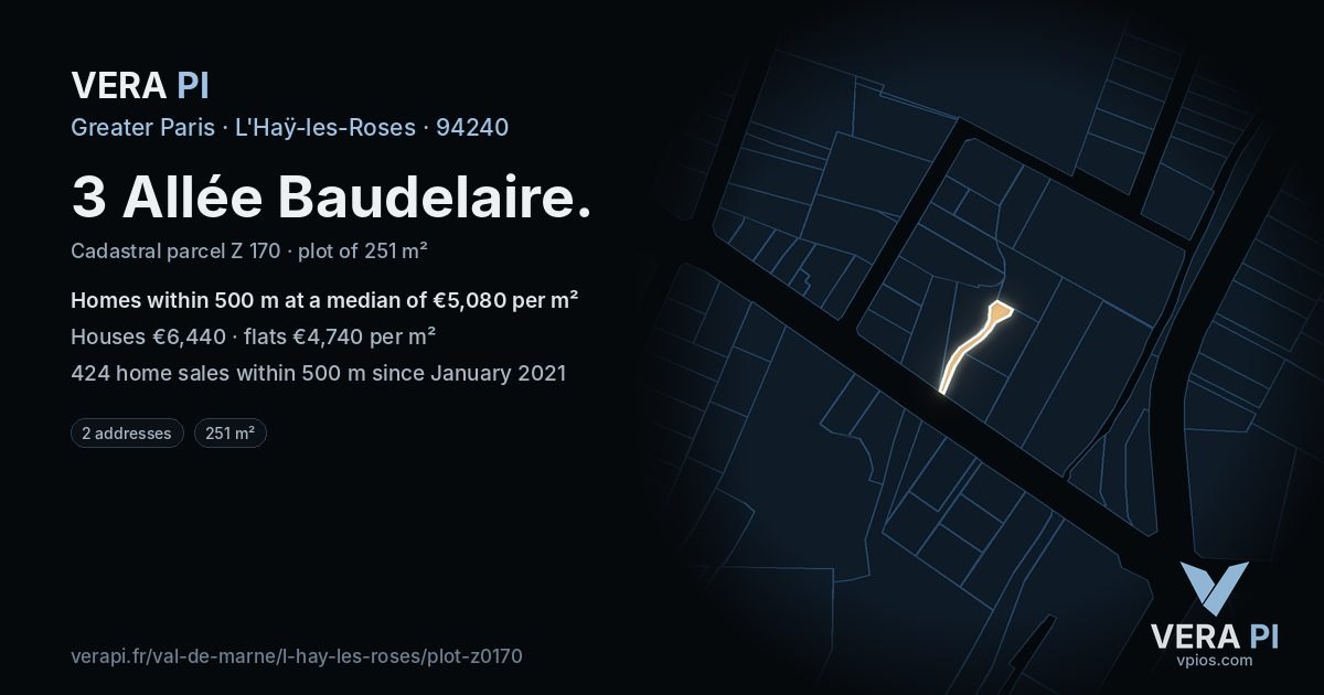 3 Allée Baudelaire, L'Haÿ-les-Roses at night – the plot lit, the parcels around coloured by the prices near them