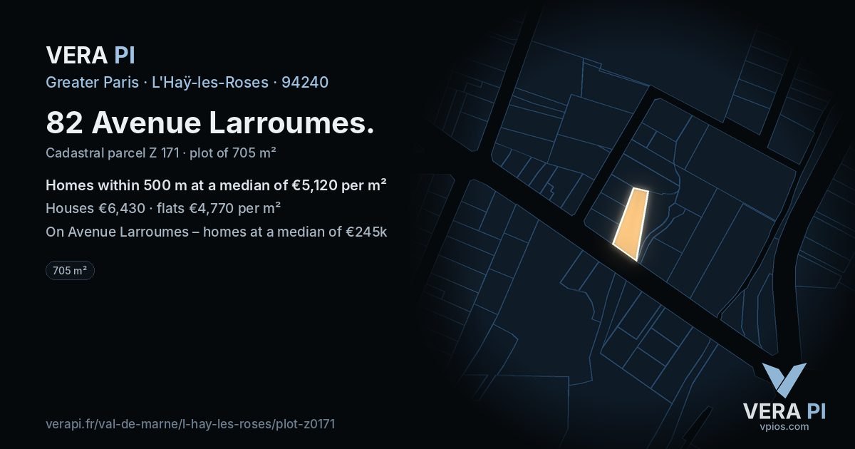 82 Avenue Larroumes, L'Haÿ-les-Roses at night – the plot lit, the parcels around coloured by the prices near them