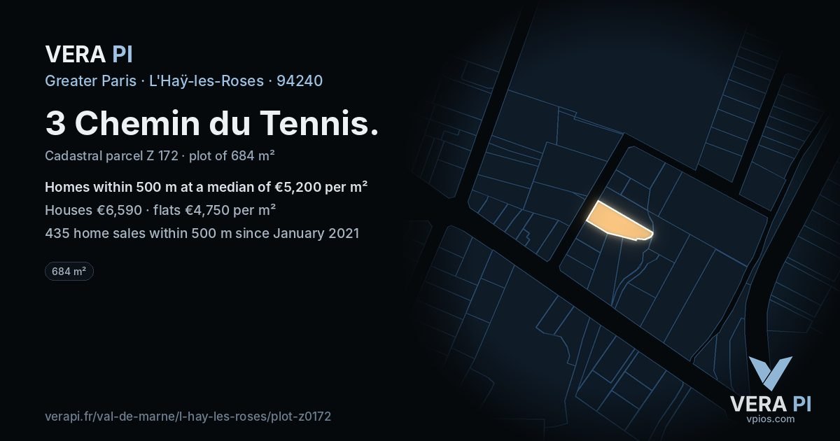 3 Chemin du Tennis, L'Haÿ-les-Roses at night – the plot lit, the parcels around coloured by the prices near them