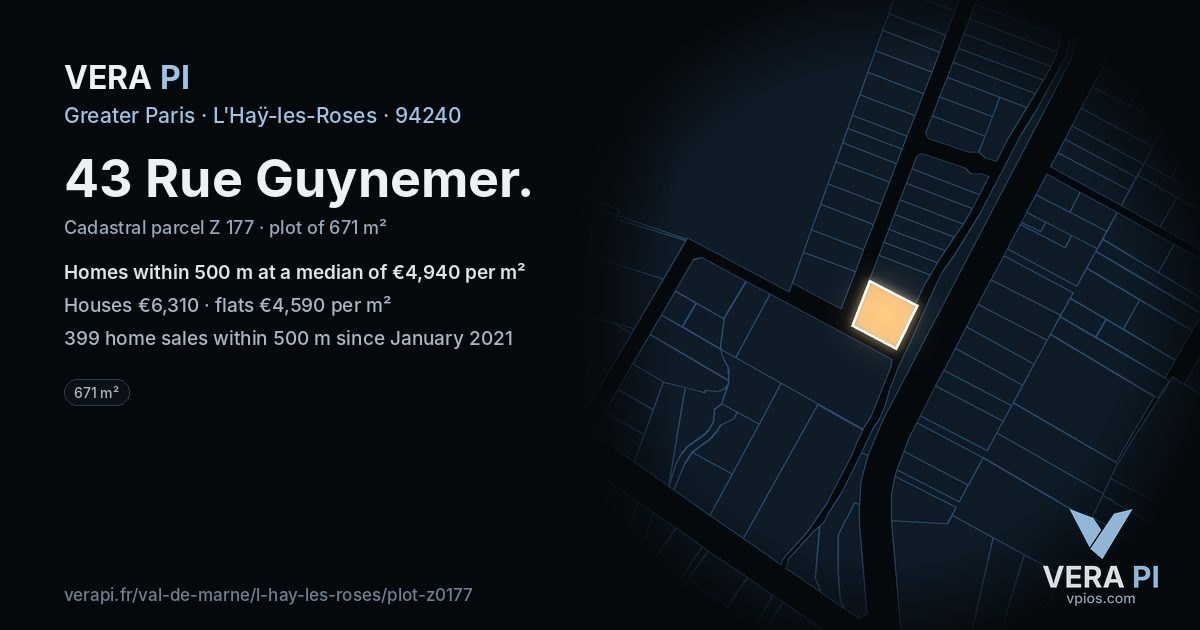 43 Rue Guynemer, L'Haÿ-les-Roses at night – the plot lit, the parcels around coloured by the prices near them