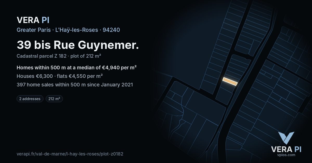 39 bis Rue Guynemer, L'Haÿ-les-Roses at night – the plot lit, the parcels around coloured by the prices near them