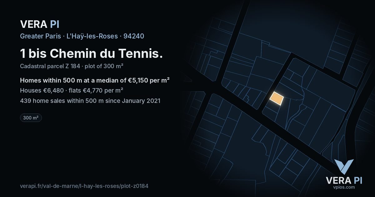1 bis Chemin du Tennis, L'Haÿ-les-Roses at night – the plot lit, the parcels around coloured by the prices near them