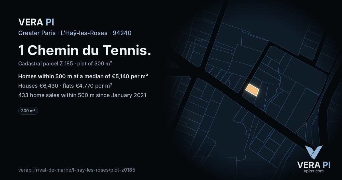 1 Chemin du Tennis, L'Haÿ-les-Roses at night – the plot lit, the parcels around coloured by the prices near them