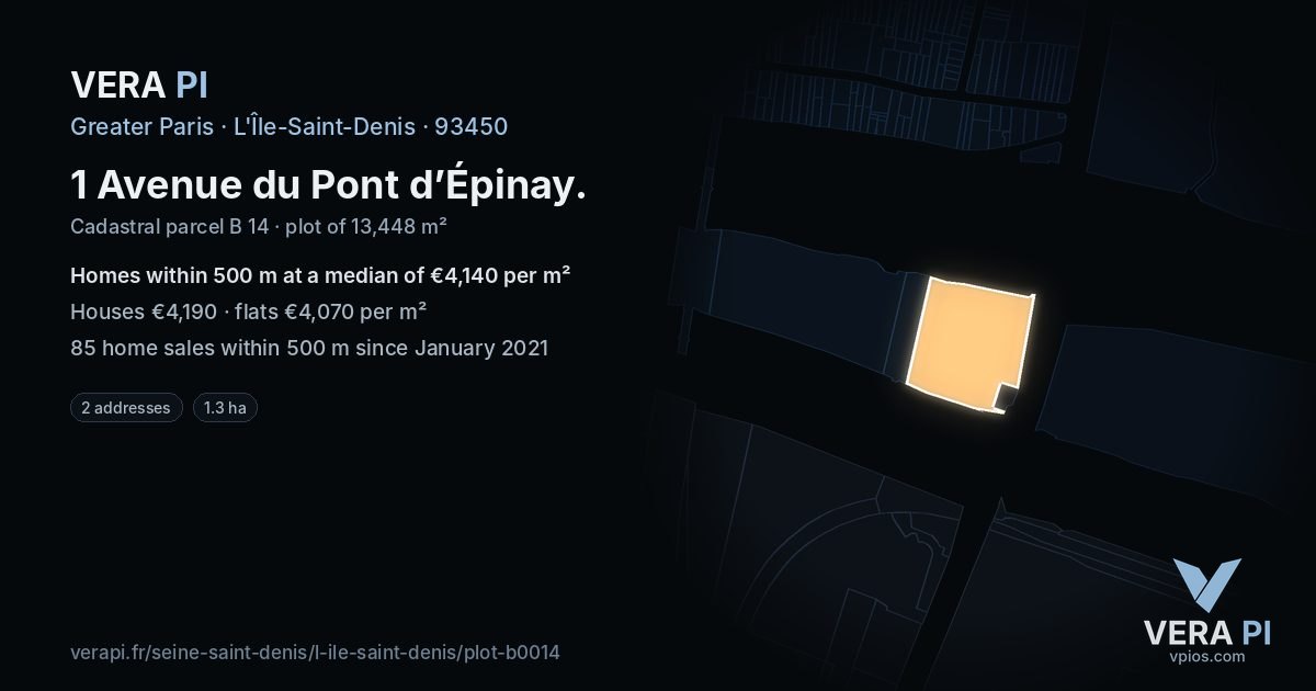 1 Avenue du Pont d’Épinay, L'Île-Saint-Denis at night – the plot lit, the parcels around coloured by the prices near them