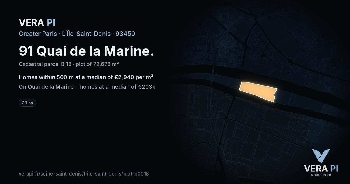 91 Quai de la Marine, L'Île-Saint-Denis at night – the plot lit, the parcels around coloured by the prices near them