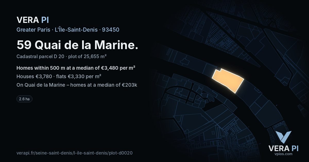 59 Quai de la Marine, L'Île-Saint-Denis at night – the plot lit, the parcels around coloured by the prices near them