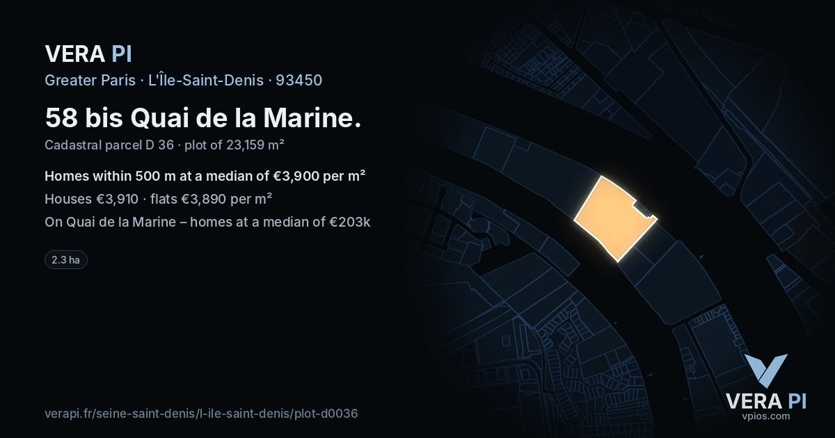 58 bis Quai de la Marine, L'Île-Saint-Denis at night – the plot lit, the parcels around coloured by the prices near them