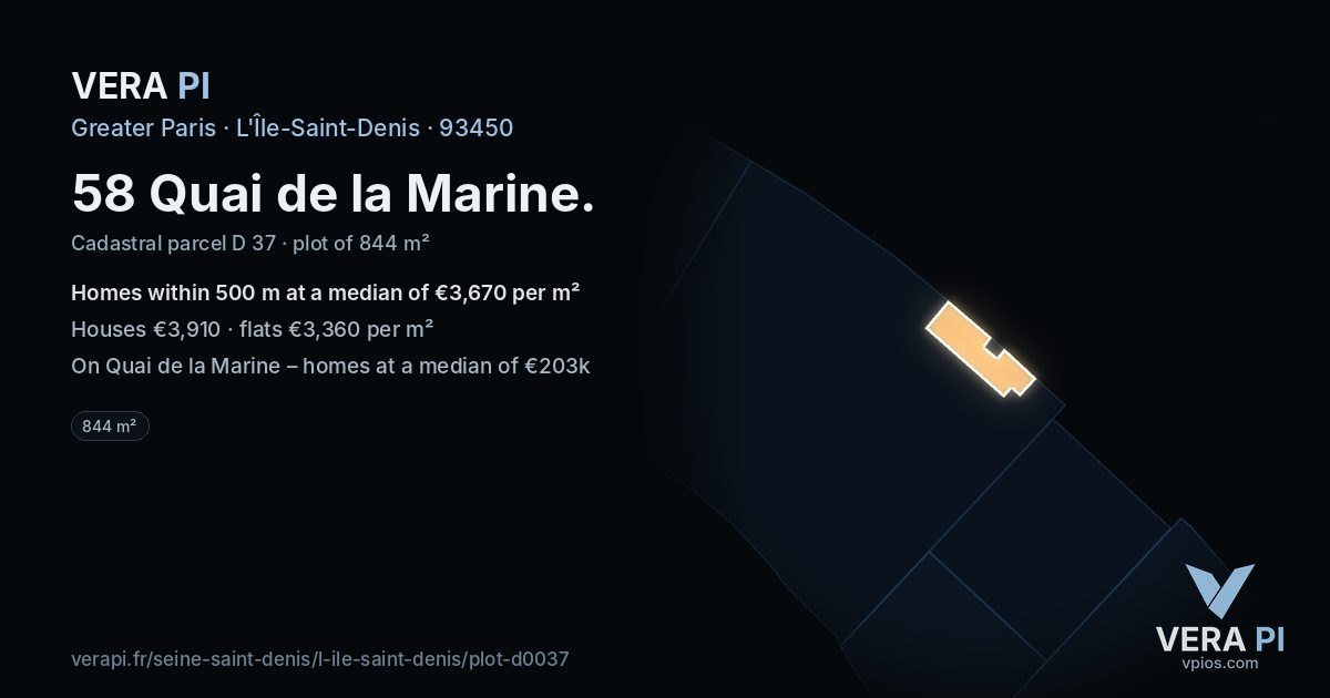 58 Quai de la Marine, L'Île-Saint-Denis at night – the plot lit, the parcels around coloured by the prices near them