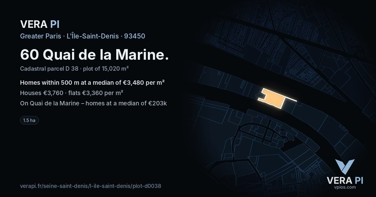 60 Quai de la Marine, L'Île-Saint-Denis at night – the plot lit, the parcels around coloured by the prices near them