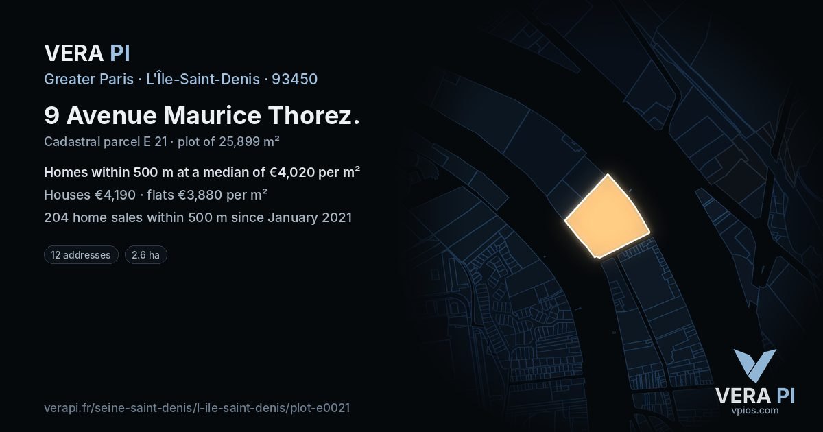 9 Avenue Maurice Thorez, L'Île-Saint-Denis at night – the plot lit, the parcels around coloured by the prices near them