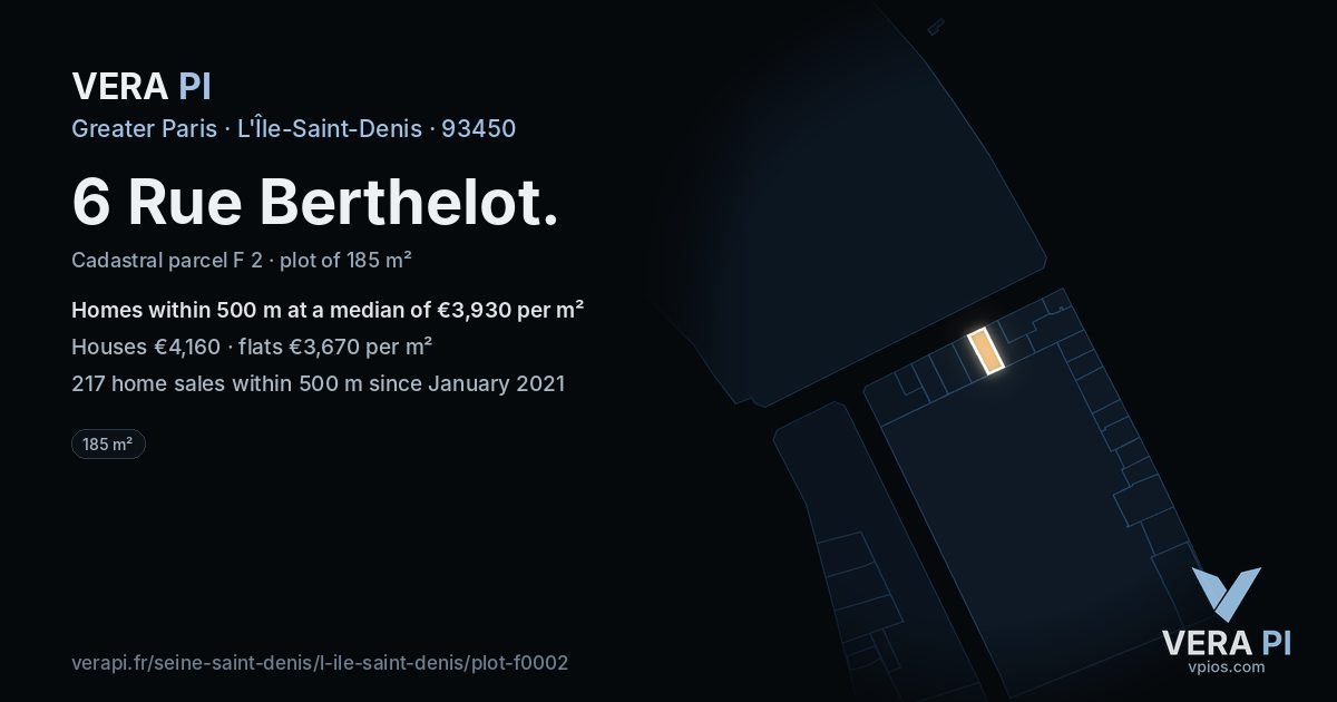 6 Rue Berthelot, L'Île-Saint-Denis at night – the plot lit, the parcels around coloured by the prices near them