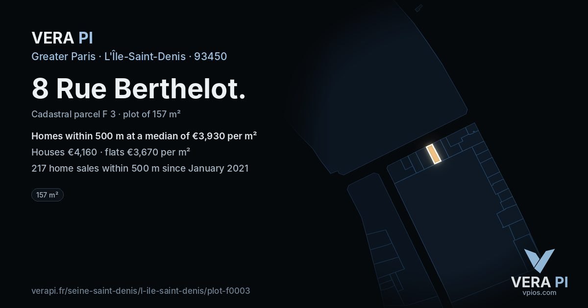 8 Rue Berthelot, L'Île-Saint-Denis at night – the plot lit, the parcels around coloured by the prices near them