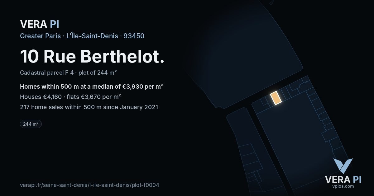 10 Rue Berthelot, L'Île-Saint-Denis at night – the plot lit, the parcels around coloured by the prices near them