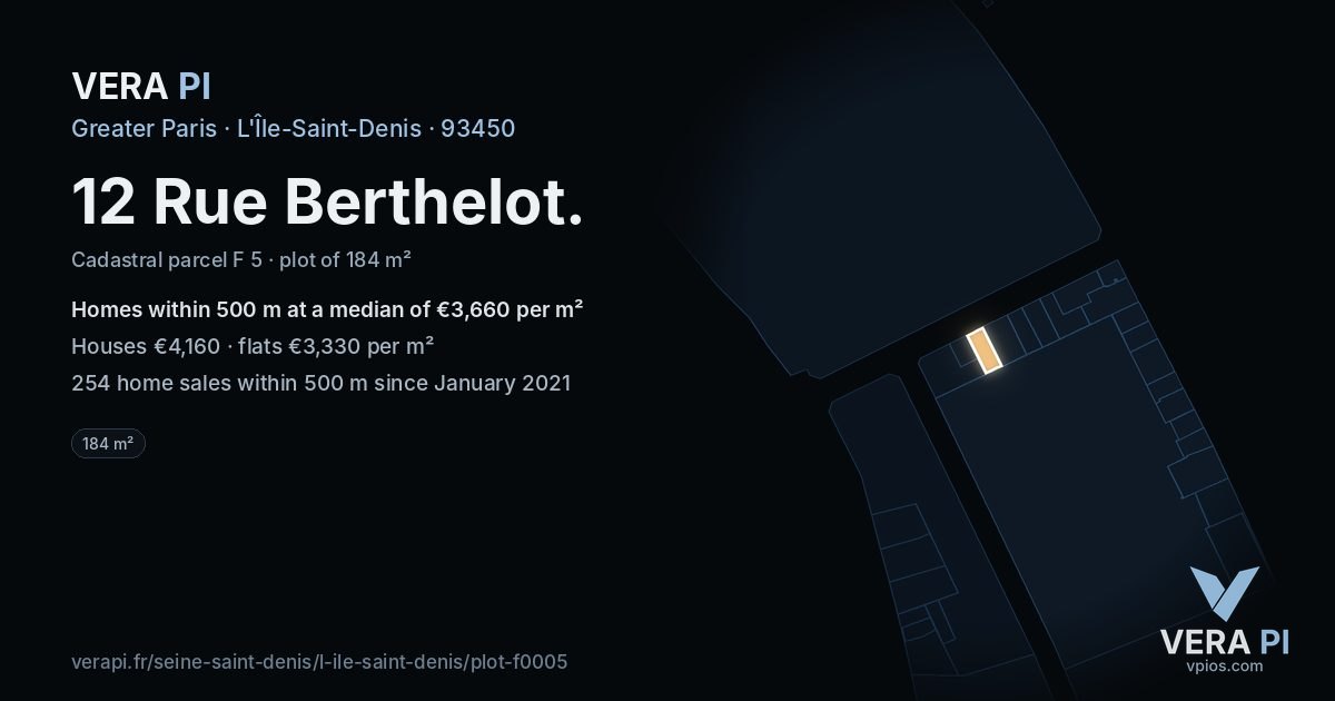 12 Rue Berthelot, L'Île-Saint-Denis at night – the plot lit, the parcels around coloured by the prices near them