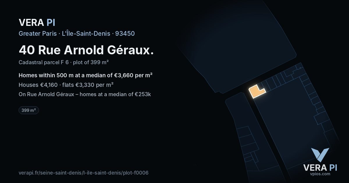 40 Rue Arnold Géraux, L'Île-Saint-Denis at night – the plot lit, the parcels around coloured by the prices near them