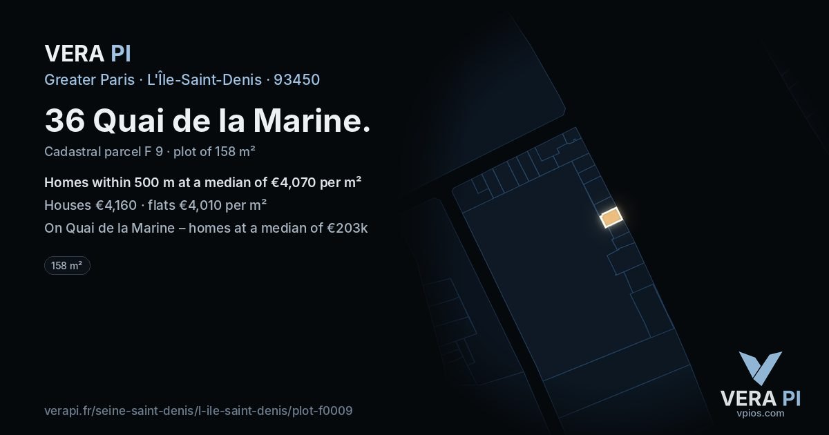 36 Quai de la Marine, L'Île-Saint-Denis at night – the plot lit, the parcels around coloured by the prices near them