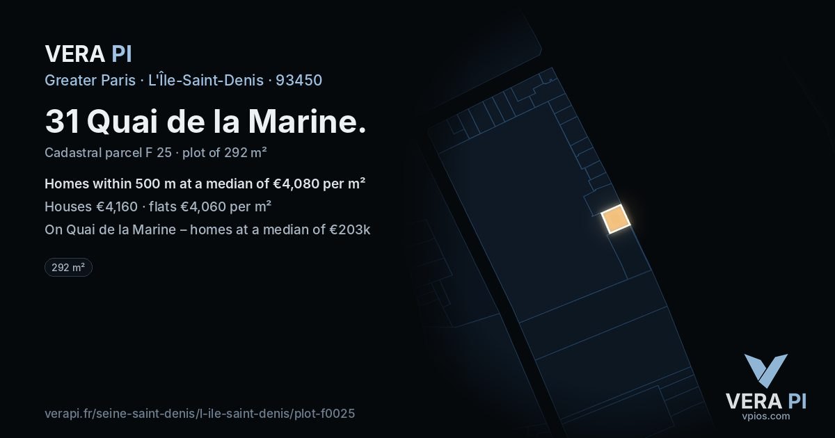 31 Quai de la Marine, L'Île-Saint-Denis at night – the plot lit, the parcels around coloured by the prices near them