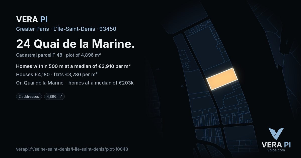 24 Quai de la Marine, L'Île-Saint-Denis at night – the plot lit, the parcels around coloured by the prices near them