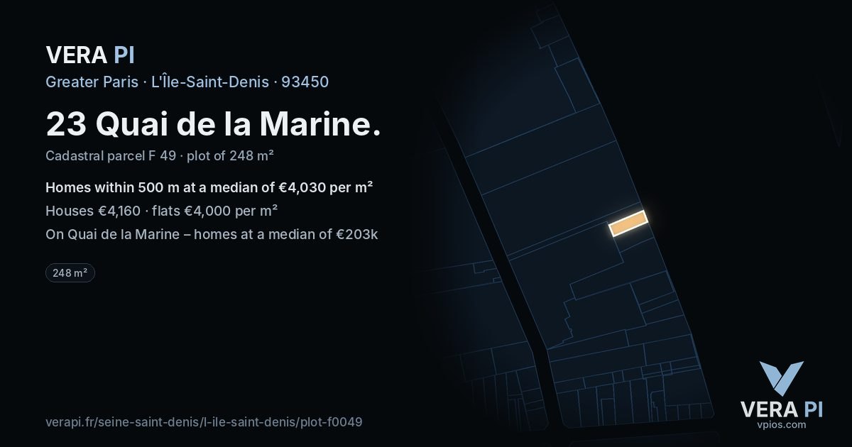 23 Quai de la Marine, L'Île-Saint-Denis at night – the plot lit, the parcels around coloured by the prices near them