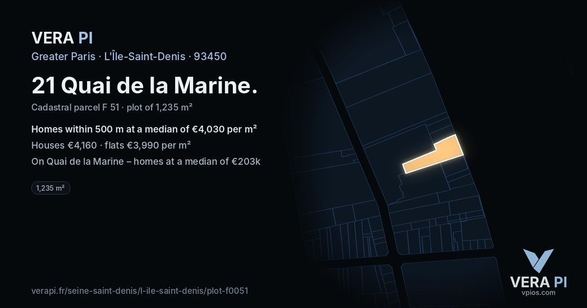 21 Quai de la Marine, L'Île-Saint-Denis at night – the plot lit, the parcels around coloured by the prices near them