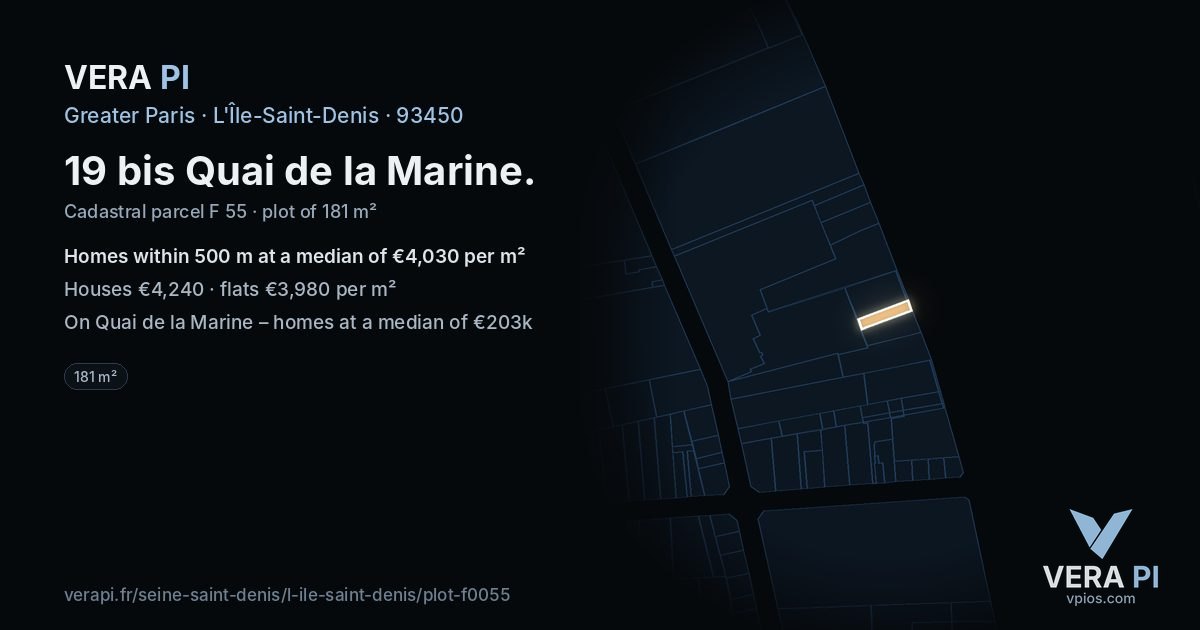 19 bis Quai de la Marine, L'Île-Saint-Denis at night – the plot lit, the parcels around coloured by the prices near them