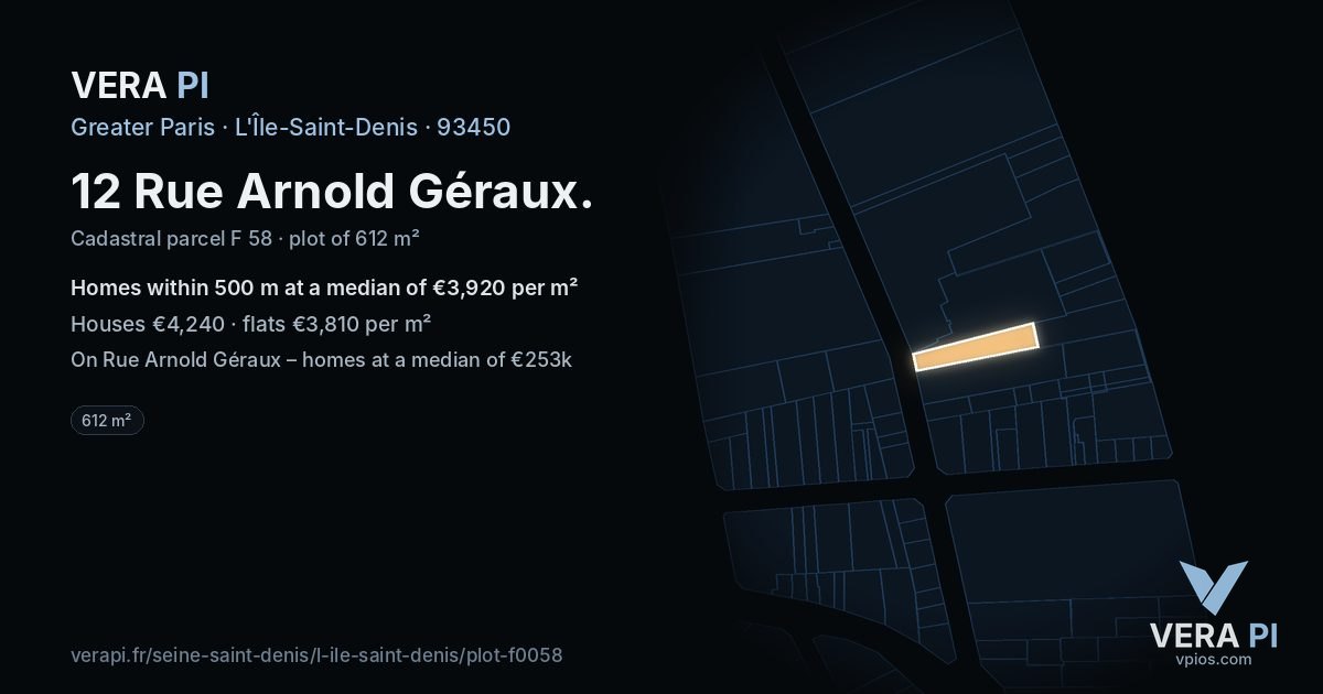 12 Rue Arnold Géraux, L'Île-Saint-Denis at night – the plot lit, the parcels around coloured by the prices near them