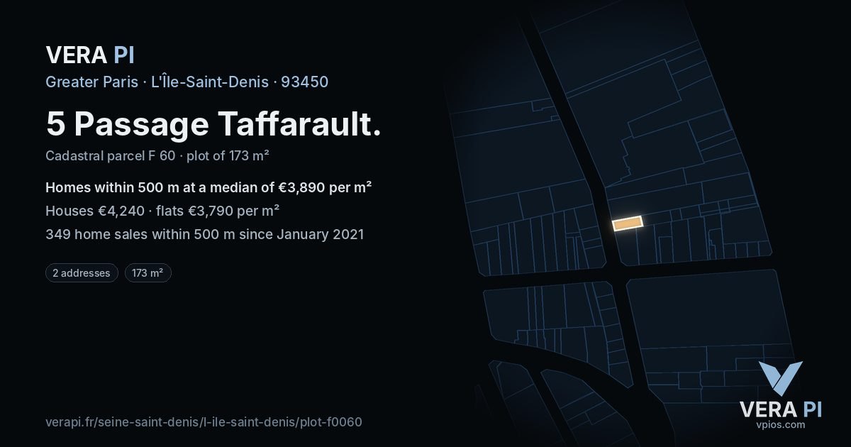 5 Passage Taffarault, L'Île-Saint-Denis at night – the plot lit, the parcels around coloured by the prices near them