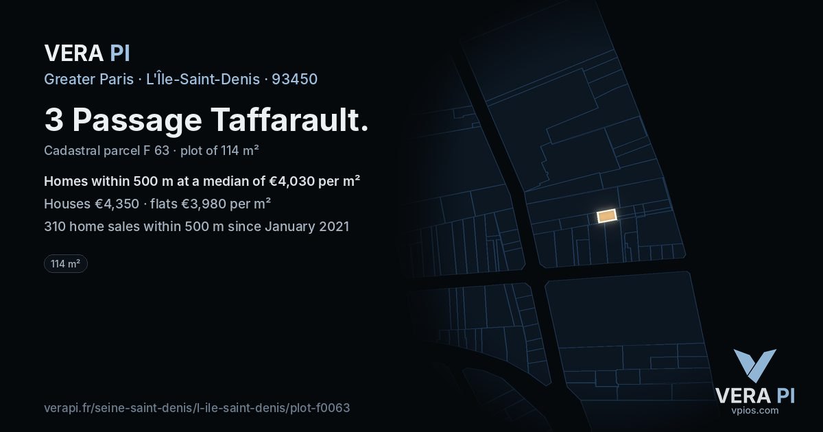 3 Passage Taffarault, L'Île-Saint-Denis at night – the plot lit, the parcels around coloured by the prices near them