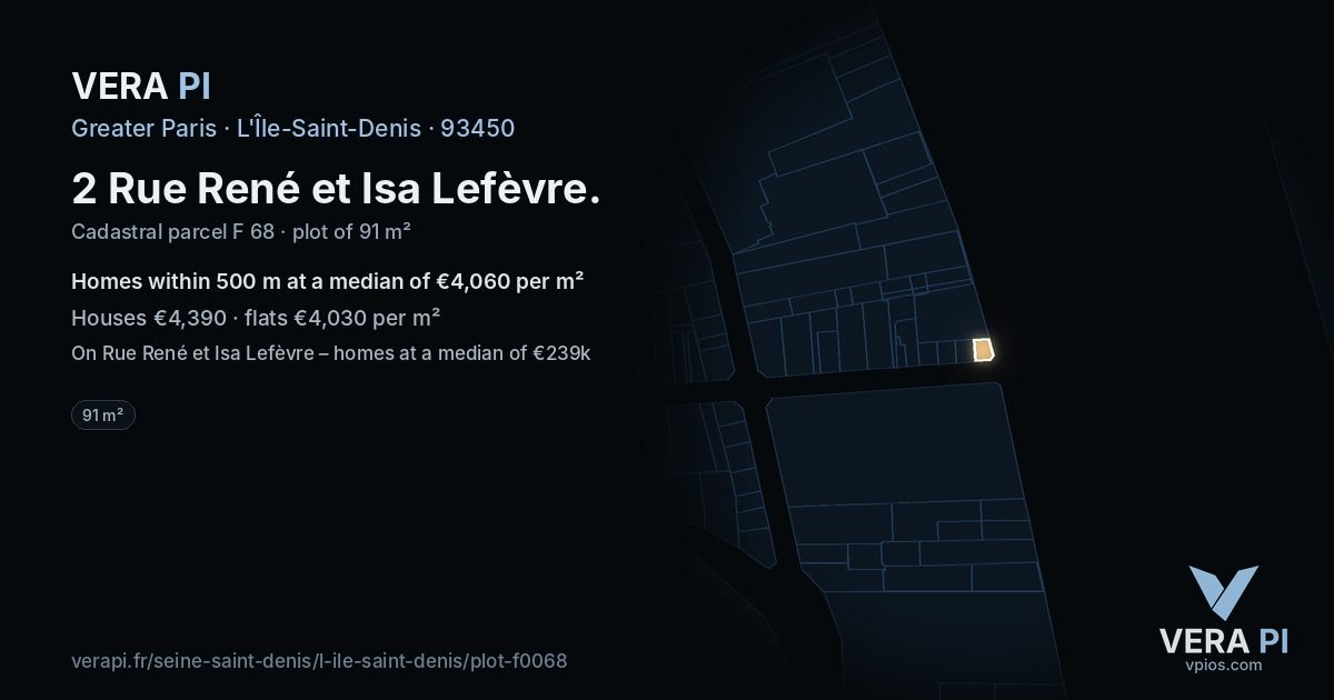 2 Rue René et Isa Lefèvre, L'Île-Saint-Denis at night – the plot lit, the parcels around coloured by the prices near them