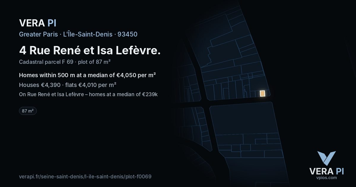 4 Rue René et Isa Lefèvre, L'Île-Saint-Denis at night – the plot lit, the parcels around coloured by the prices near them