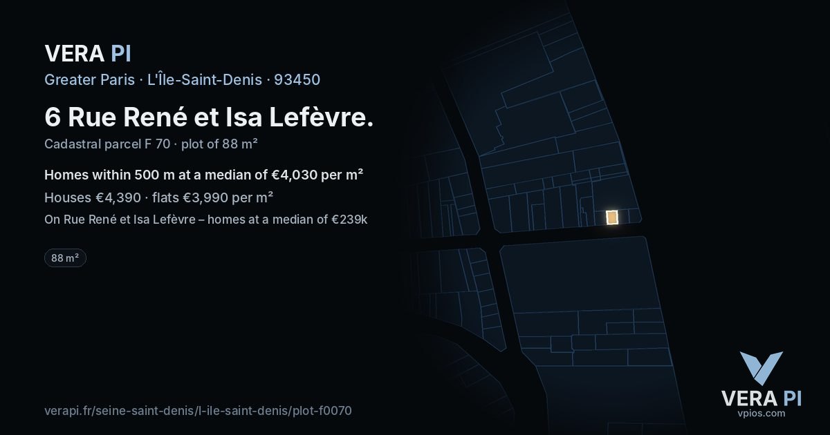 6 Rue René et Isa Lefèvre, L'Île-Saint-Denis at night – the plot lit, the parcels around coloured by the prices near them