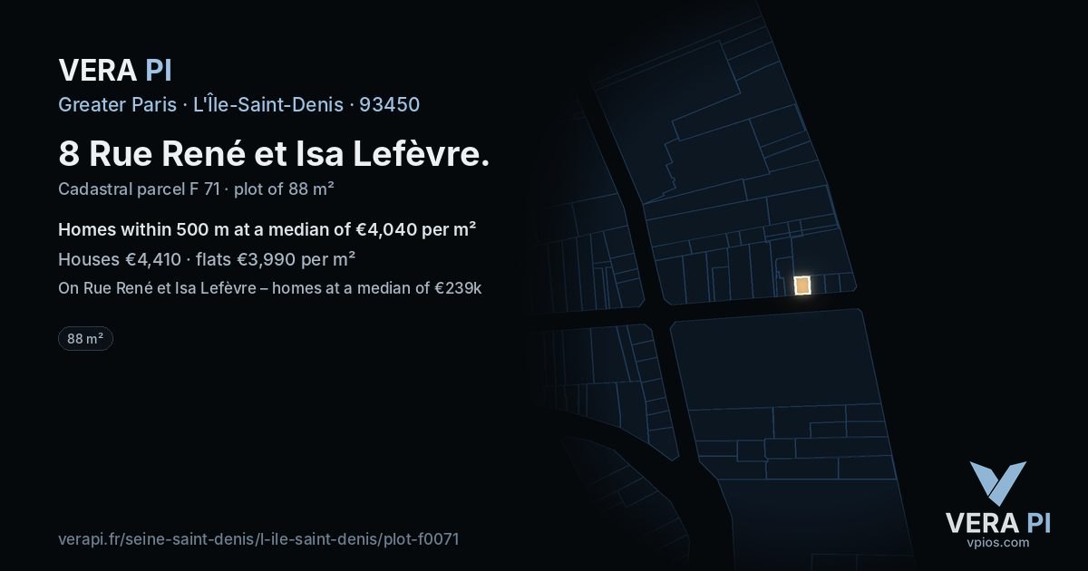 8 Rue René et Isa Lefèvre, L'Île-Saint-Denis at night – the plot lit, the parcels around coloured by the prices near them