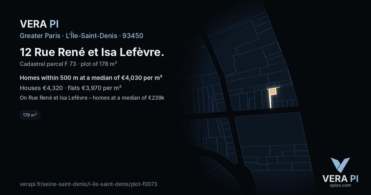 12 Rue René et Isa Lefèvre, L'Île-Saint-Denis at night – the plot lit, the parcels around coloured by the prices near them