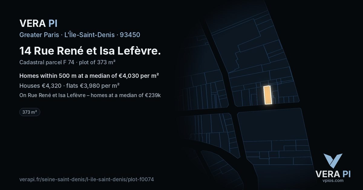 14 Rue René et Isa Lefèvre, L'Île-Saint-Denis at night – the plot lit, the parcels around coloured by the prices near them
