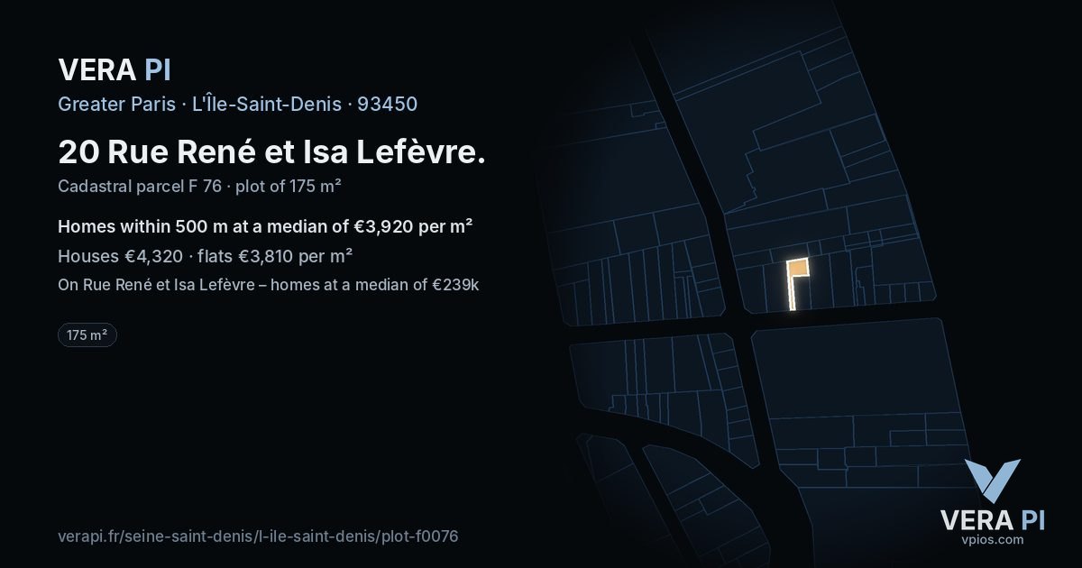 20 Rue René et Isa Lefèvre, L'Île-Saint-Denis at night – the plot lit, the parcels around coloured by the prices near them