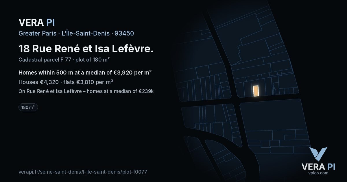 18 Rue René et Isa Lefèvre, L'Île-Saint-Denis at night – the plot lit, the parcels around coloured by the prices near them