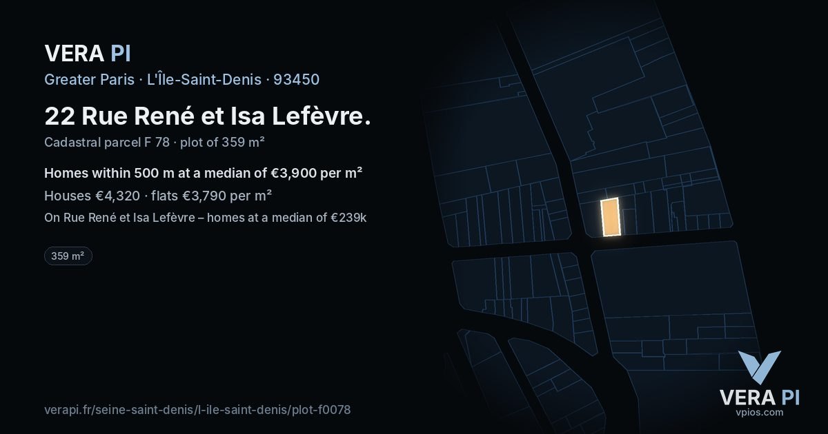 22 Rue René et Isa Lefèvre, L'Île-Saint-Denis at night – the plot lit, the parcels around coloured by the prices near them